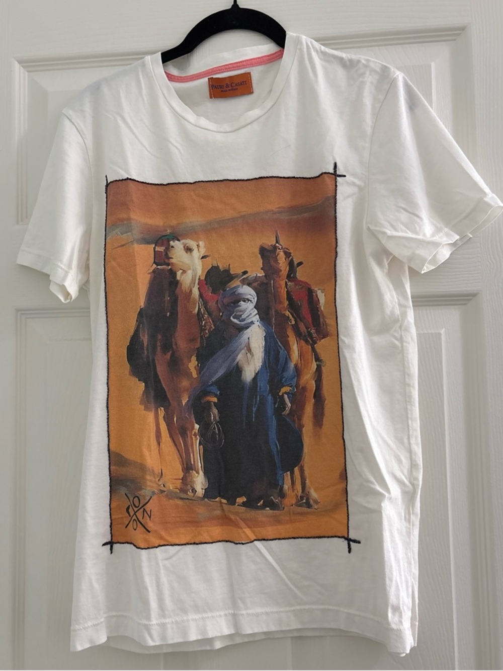 White Short-Sleeve Graphic Tee with Desert Camel Print